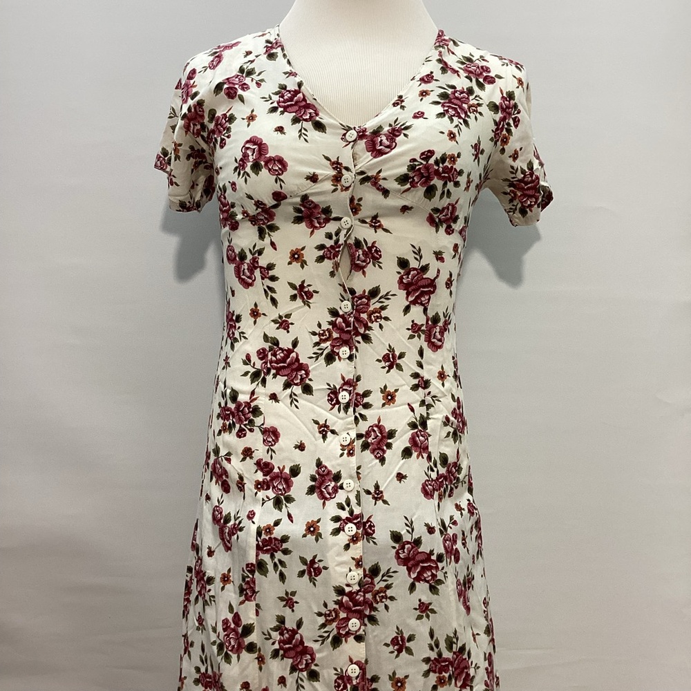 VTG Floral V-Neck Dress Button-Down Cream and Pink 100% Rayon Size 9/10